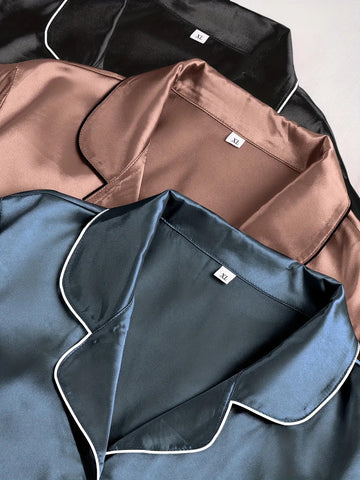 3pcs Women'S Satin Set - Casual Solid Color Long Sleeve Shirt & Elastic Waist Pants, Turn- Collar, Button Detail, Polyester, Autumn Winter Pajamas, Comfortable Loungewear|Casual Style|Polyester Fabric
