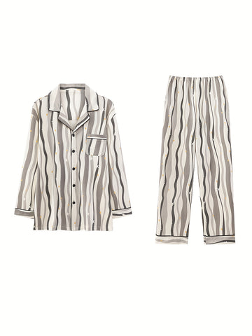 Couples' Pajama Set - Matching Long Sleeve Shirt & Pants Loungewear with Notch Collar & Button-Front Closure, Soft Striped All-Season Comfort, Unisex Full-Length Sleepwear for Men & Women, Cozy Casual Lounge Outfit (Striped Pattern, Easy Care)