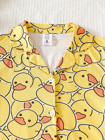 Summer Youth Girls' Pajamas Short Sleeve Cardigan Yellow Bottom Cartoon Yellow Duck Print Boys And Girls Can Wear Outerwear 2pcs Home Clothing Set