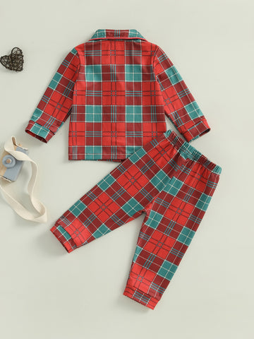 Cozy Cotton Blend Youngsters' Plaid Pajama Set with Button-Up Lapel Top & Long Pants - Cute Christmas Loungewear for Youngsters and Youngsters, Machine Washable