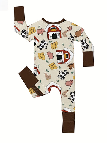 Bamboo Fiber Baby Sleeper, Farm Pig Cow Pattern, High Stretch Knit Fabric, Super Skinny Fit, with Crew Neck for All-Season Outdoor Wear, Allseason Clothing, Playful Design, Snug Fit, Soft Knit Material, Breathable Fabric, Comfortable Romper, Baby