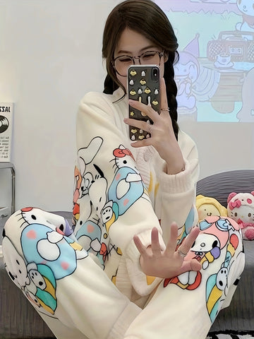 2pcs Sanrio Genuine Authorization, for Hello Kitty Family Cartoon Pattern Long-sleeved Thickened Upgraded Pajama Set, Thick Warm Loungewear, Sweet And Cute Pajamas, Cardigan Loungewear Can Be Worn Outside, The Best Choice For Family And Friends