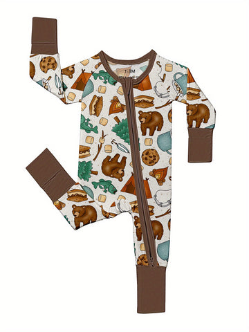 2pcs Bamboo Fiber baby onesies with dinosaur & big brown bear prints, double-sided zippers and matching pants - casual, all-season, machine washable - cute baby designs for babies, Bamboo Fiber baby clothes, great for the outdoors