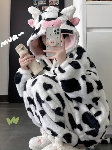 ' Cute Cow Hooded Flannel Pajamas, New Winter Plush Fleece-Lined Thickened Homewear Set